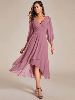 Long Sleeve Asymmetrical Hem Deep V-Neck Non-Stretch Wedding Guest Dresses