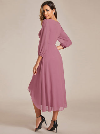 Long Sleeve Asymmetrical Hem Deep V-Neck Non-Stretch Wedding Guest Dresses