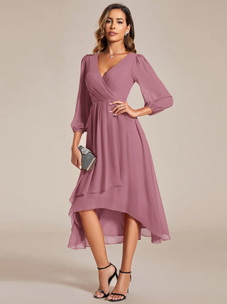 Long Sleeve Asymmetrical Hem Deep V-Neck Non-Stretch Wedding Guest Dresses