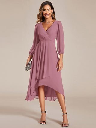 Long Sleeve Asymmetrical Hem Deep V-Neck Non-Stretch Wedding Guest Dresses
