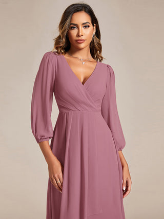Long Sleeve Asymmetrical Hem Deep V-Neck Non-Stretch Wedding Guest Dresses