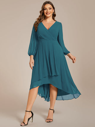 Long Sleeve Asymmetrical Hem Deep V-Neck Non-Stretch Wedding Guest Dresses
