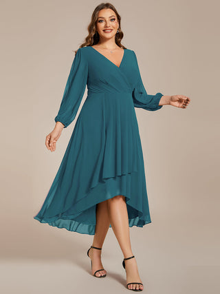 Long Sleeve Asymmetrical Hem Deep V-Neck Non-Stretch Wedding Guest Dresses