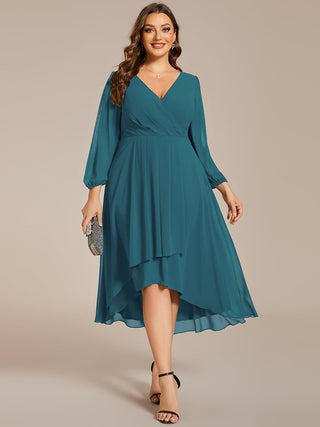 Long Sleeve Asymmetrical Hem Deep V-Neck Non-Stretch Wedding Guest Dresses