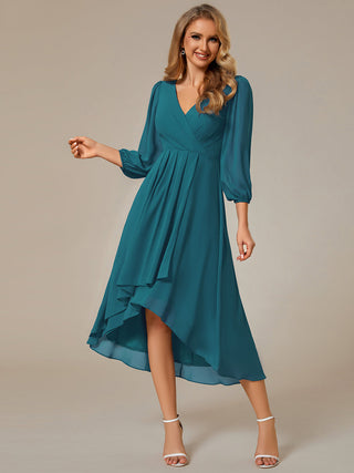 Long Sleeve Asymmetrical Hem Deep V-Neck Non-Stretch Wedding Guest Dresses