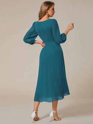 Long Sleeve Asymmetrical Hem Deep V-Neck Non-Stretch Wedding Guest Dresses