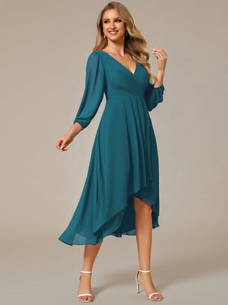 Long Sleeve Asymmetrical Hem Deep V-Neck Non-Stretch Wedding Guest Dresses