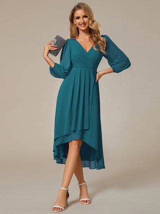 Long Sleeve Asymmetrical Hem Deep V-Neck Non-Stretch Wedding Guest Dresses