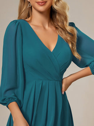 Long Sleeve Asymmetrical Hem Deep V-Neck Non-Stretch Wedding Guest Dresses