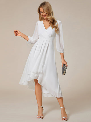 Long Sleeve Asymmetrical Hem Deep V-Neck Non-Stretch Wedding Guest Dresses