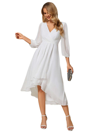 Long Sleeve Asymmetrical Hem Deep V-Neck Non-Stretch Wedding Guest Dresses