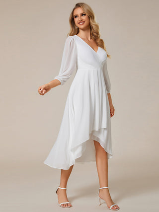 Long Sleeve Asymmetrical Hem Deep V-Neck Non-Stretch Wedding Guest Dresses