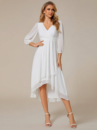 Long Sleeve Asymmetrical Hem Deep V-Neck Non-Stretch Wedding Guest Dresses