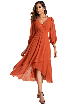 Long Sleeve Asymmetrical Hem Deep V-Neck Non-Stretch Wedding Guest Dresses