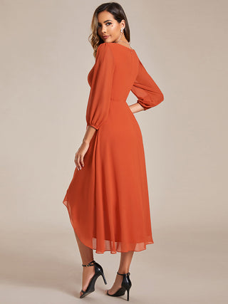 Long Sleeve Asymmetrical Hem Deep V-Neck Non-Stretch Wedding Guest Dresses