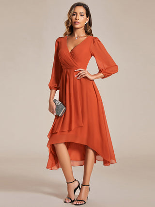 Long Sleeve Asymmetrical Hem Deep V-Neck Non-Stretch Wedding Guest Dresses