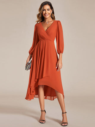 Long Sleeve Asymmetrical Hem Deep V-Neck Non-Stretch Wedding Guest Dresses