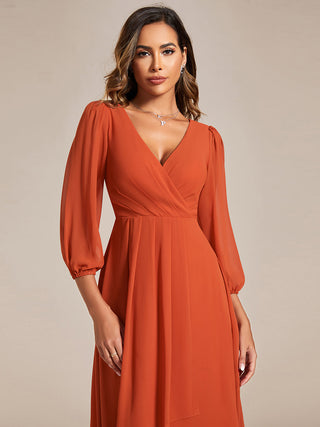 Long Sleeve Asymmetrical Hem Deep V-Neck Non-Stretch Wedding Guest Dresses