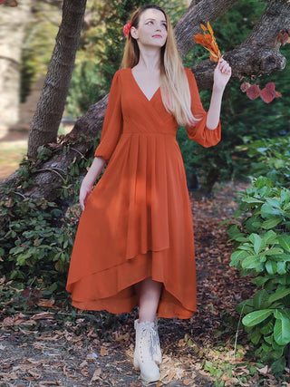 Long Sleeve Asymmetrical Hem Deep V-Neck Non-Stretch Wedding Guest Dresses