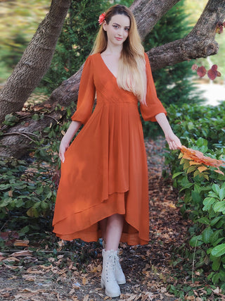 Long Sleeve Asymmetrical Hem Deep V-Neck Non-Stretch Wedding Guest Dresses
