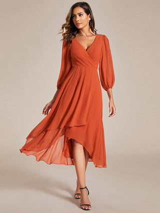 Long Sleeve Asymmetrical Hem Deep V-Neck Non-Stretch Wedding Guest Dresses