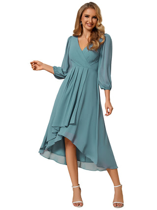 Long Sleeve Asymmetrical Hem Deep V-Neck Non-Stretch Wedding Guest Dresses