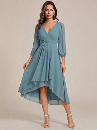 Long Sleeve Asymmetrical Hem Deep V-Neck Non-Stretch Wedding Guest Dresses