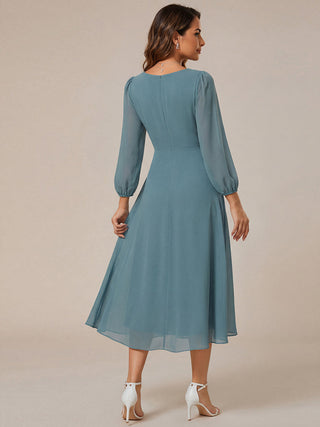 Long Sleeve Asymmetrical Hem Deep V-Neck Non-Stretch Wedding Guest Dresses