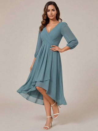 Long Sleeve Asymmetrical Hem Deep V-Neck Non-Stretch Wedding Guest Dresses