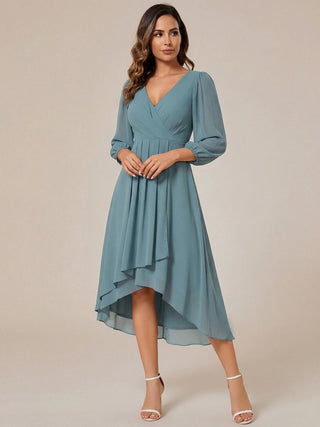 Long Sleeve Asymmetrical Hem Deep V-Neck Non-Stretch Wedding Guest Dresses