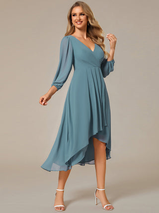 Long Sleeve Asymmetrical Hem Deep V-Neck Non-Stretch Wedding Guest Dresses