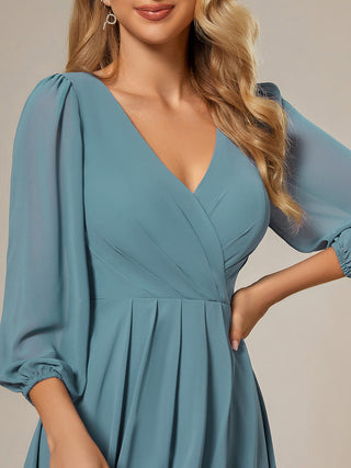 Long Sleeve Asymmetrical Hem Deep V-Neck Non-Stretch Wedding Guest Dresses