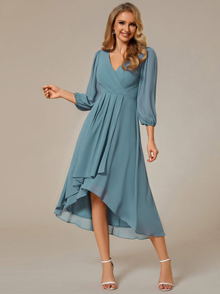 Long Sleeve Asymmetrical Hem Deep V-Neck Non-Stretch Wedding Guest Dresses