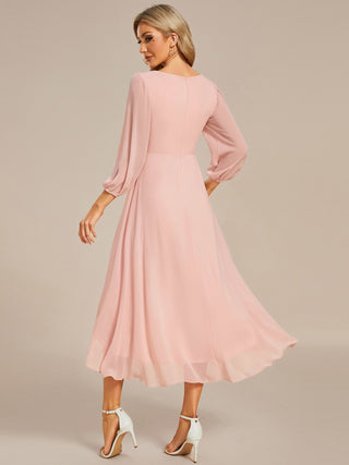 Long Sleeve Asymmetrical Hem Deep V-Neck Non-Stretch Wedding Guest Dresses
