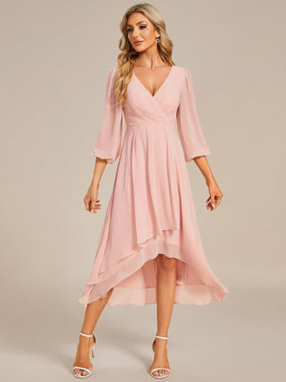 Long Sleeve Asymmetrical Hem Deep V-Neck Non-Stretch Wedding Guest Dresses
