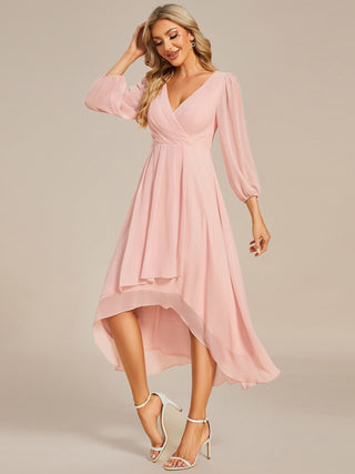 Long Sleeve Asymmetrical Hem Deep V-Neck Non-Stretch Wedding Guest Dresses