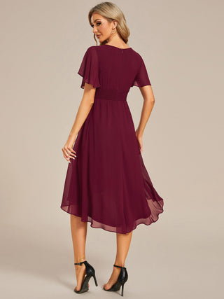 Short Sleeve Ruffle Pleated Round Neck A-Line High-Low Wedding Guest Dresses