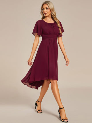 Short Sleeve Ruffle Pleated Round Neck A-Line High-Low Wedding Guest Dresses