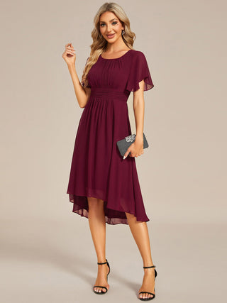 Short Sleeve Ruffle Pleated Round Neck A-Line High-Low Wedding Guest Dresses