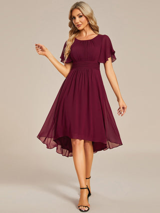 Short Sleeve Ruffle Pleated Round Neck A-Line High-Low Wedding Guest Dresses