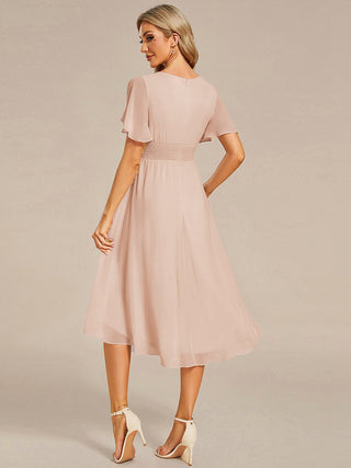 Short Sleeve Ruffle Pleated Round Neck A-Line High-Low Wedding Guest Dresses