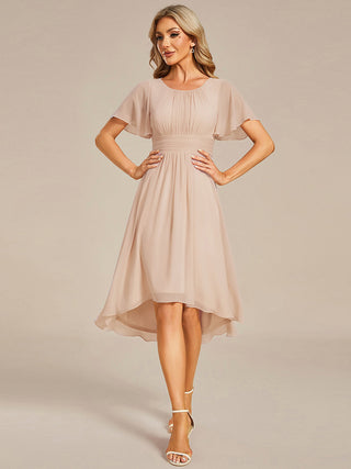 Short Sleeve Ruffle Pleated Round Neck A-Line High-Low Wedding Guest Dresses