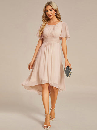 Short Sleeve Ruffle Pleated Round Neck A-Line High-Low Wedding Guest Dresses