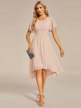 Short Sleeve Ruffle Pleated Round Neck A-Line High-Low Wedding Guest Dresses