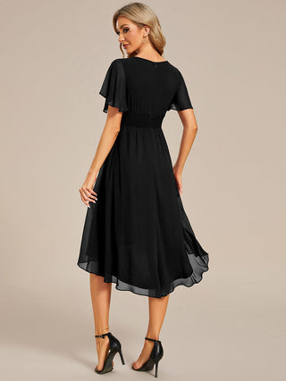 Short Sleeve Ruffle Pleated Round Neck A-Line High-Low Wedding Guest Dresses