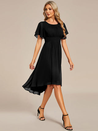 Short Sleeve Ruffle Pleated Round Neck A-Line High-Low Wedding Guest Dresses