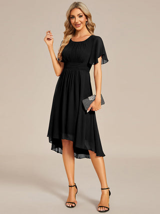 Short Sleeve Ruffle Pleated Round Neck A-Line High-Low Wedding Guest Dresses