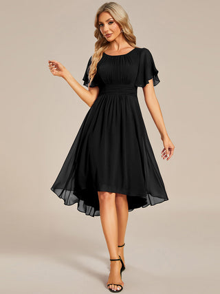 Short Sleeve Ruffle Pleated Round Neck A-Line High-Low Wedding Guest Dresses