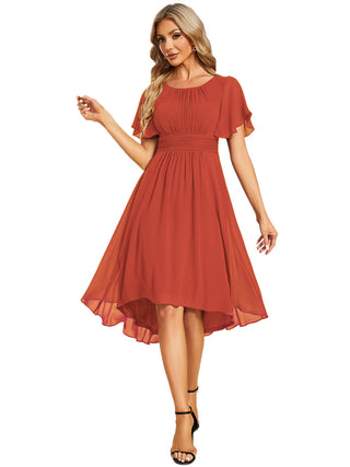 Short Sleeve Ruffle Pleated Round Neck A-Line High-Low Wedding Guest Dresses
