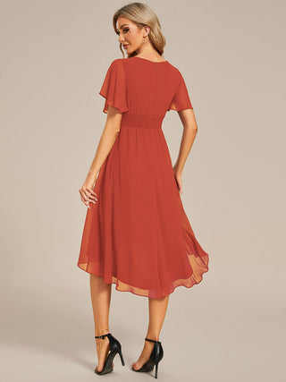 Short Sleeve Ruffle Pleated Round Neck A-Line High-Low Wedding Guest Dresses
